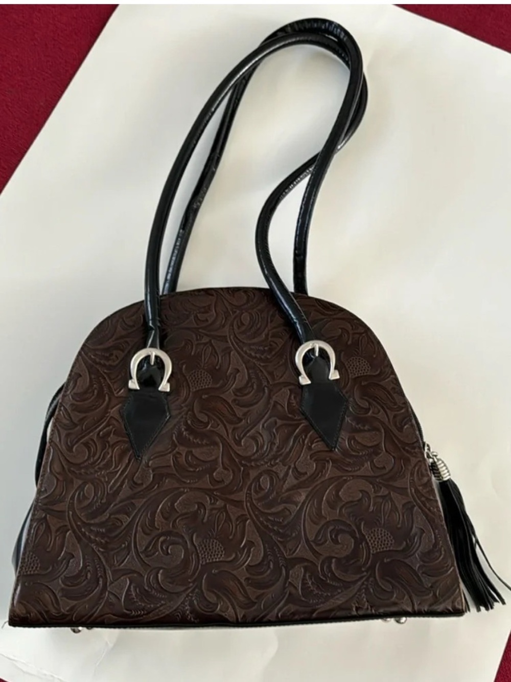 Donald Pliner Embossed Western Leather Earthy Tassel Shoulder Bag